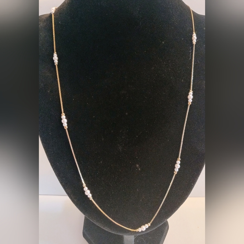 Vintage Dainty Gold Tone Pearl Station Chain Necklace 14"